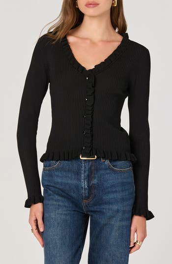 Astr The Label Ruffle Hem Button-up Cardigan In Black