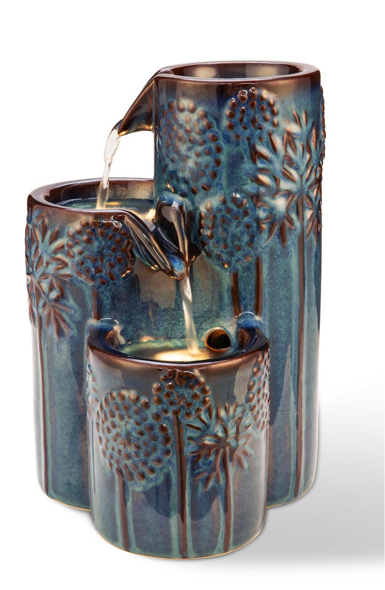 Glitzhome 3-Tier Turquoise Ceramic Tabletop Fountain with Pump and LED light, Alternate, color, Blue