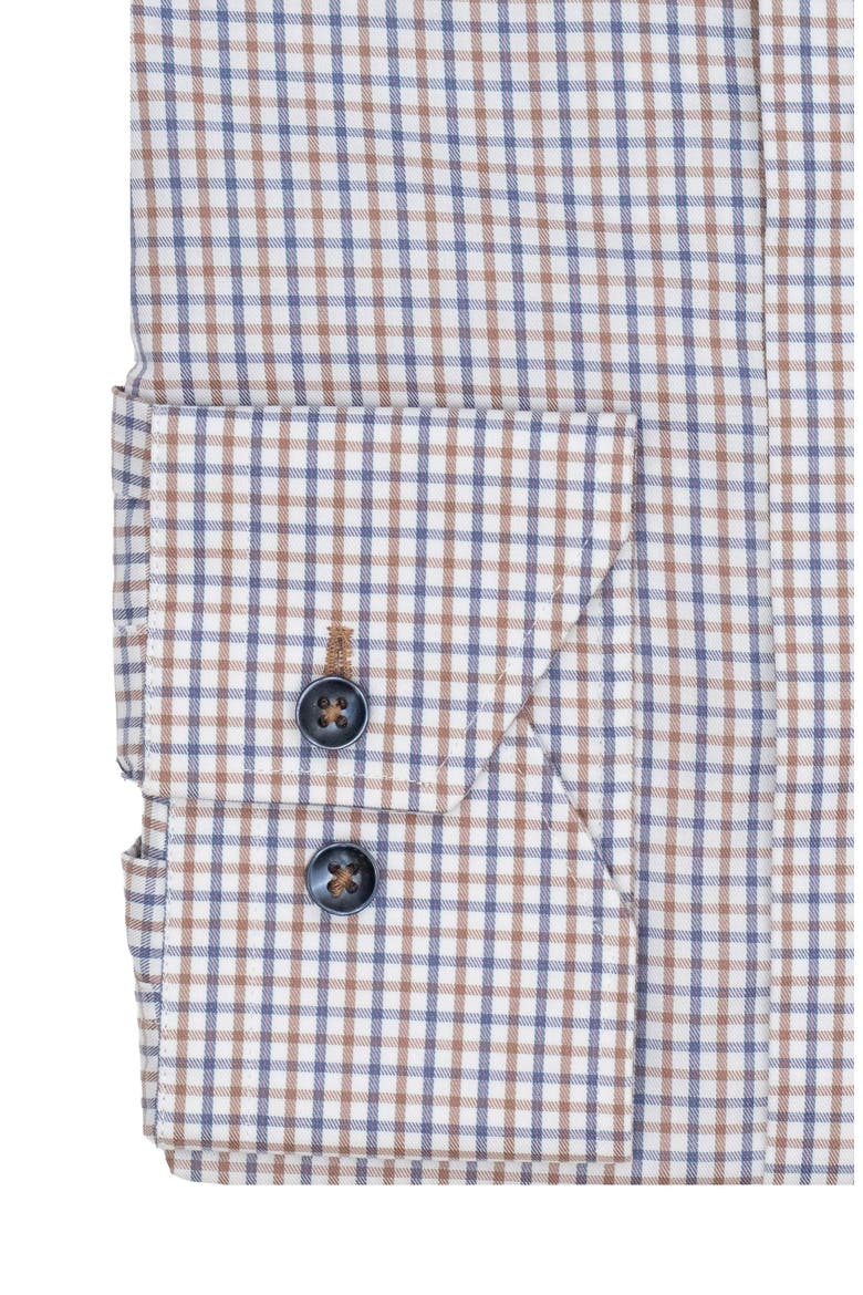 Trim Fit Tattersall Check Print Dress Shirt, Alternate, color, NAVY/ BROWN