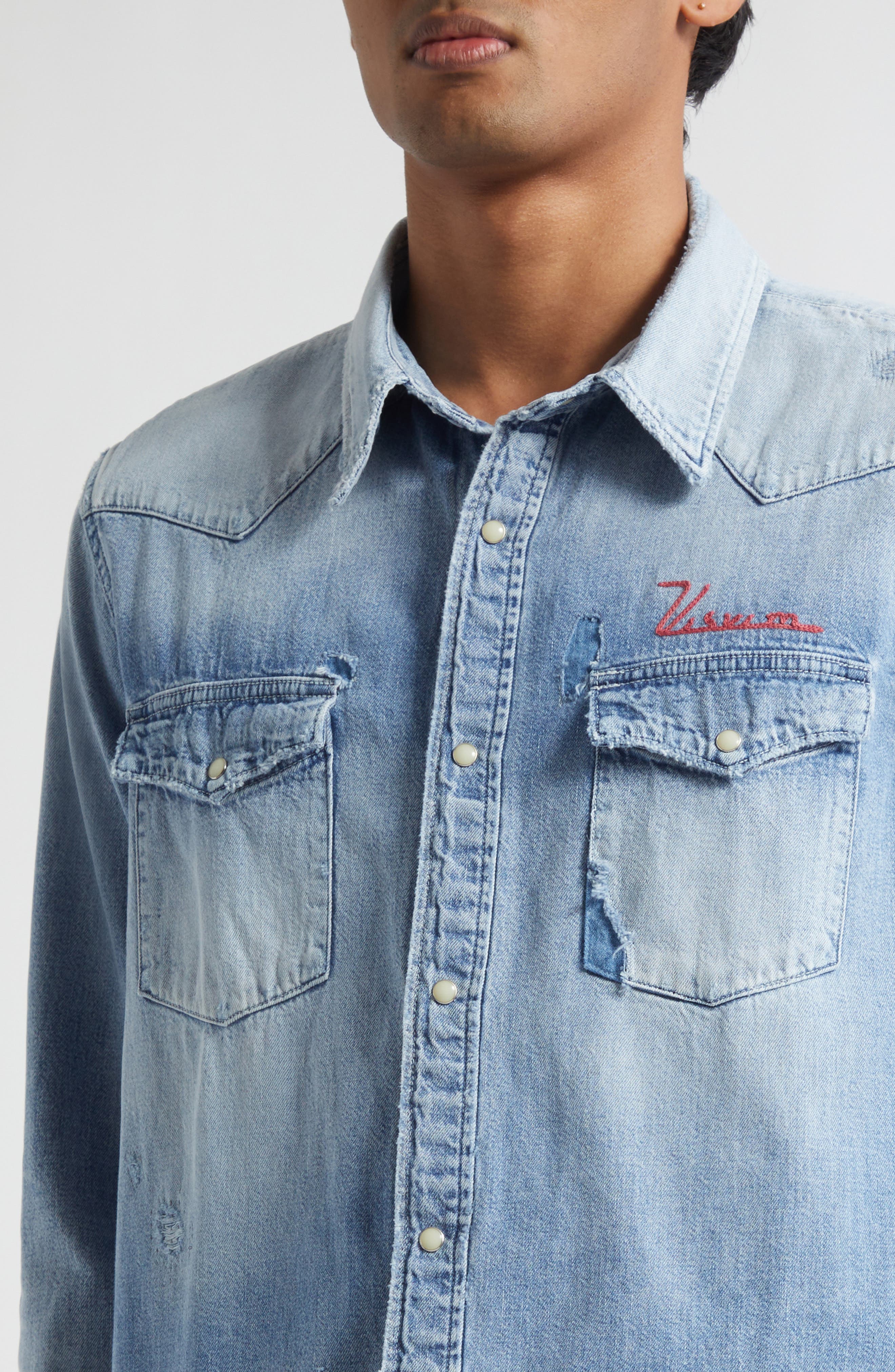 VISVIM Social Sculpture Distressed Denim Shirt (Men) | Nordstrom