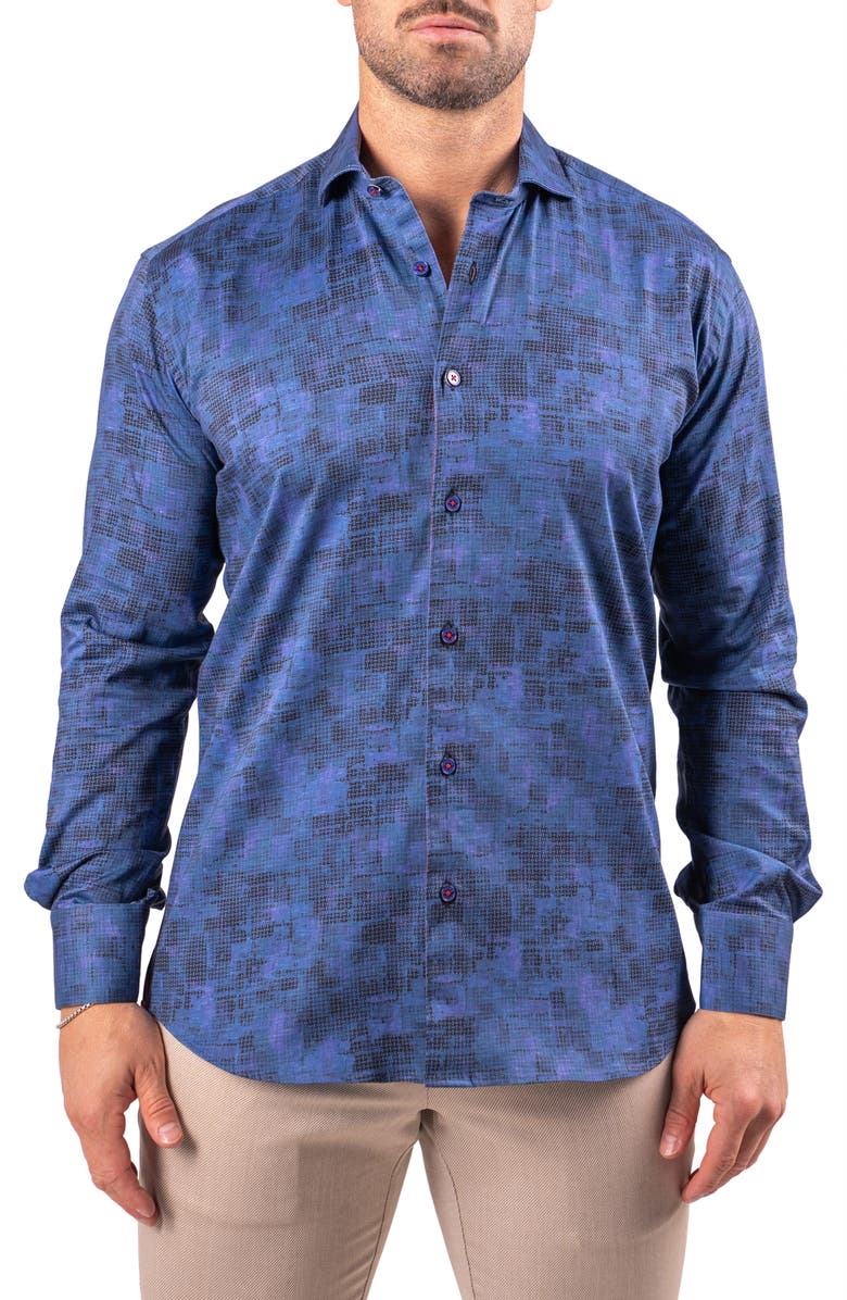 Maceoo Einstein Contemporary Fit Print Cotton Button-Up Shirt, Main, color, Blue