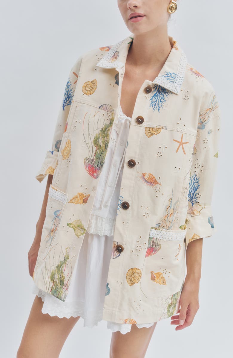 MAUDE CLUB Hayes Sea Life Print Cotton Eyelet Jacket, Alternate, color, Shell Print