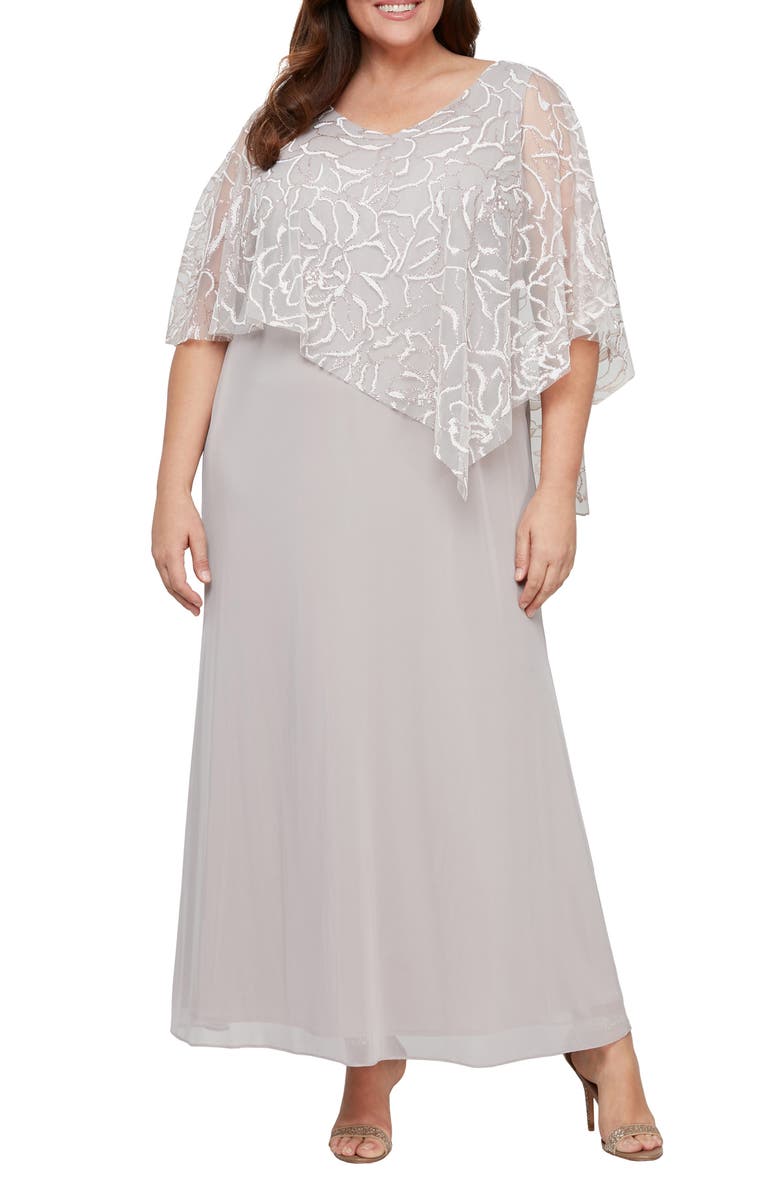 SL FASHIONS Floral Glitter Popover Gown, Main, color, Buff