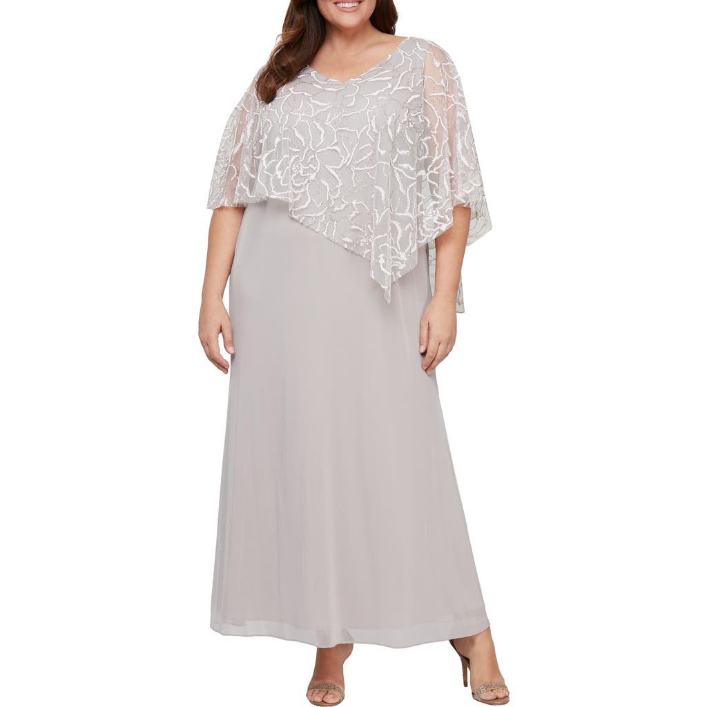 Sl Fashions Plus Size Asymmetrical Glitter Cape Gown In Buff