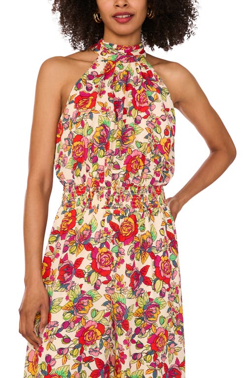 Shop Vince Camuto Floral Print Smocked Waist Sleeveless Wide Leg Jumpsuit In Red