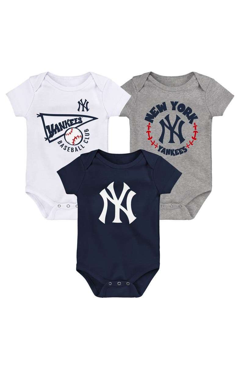 Outerstuff Infant Navy/White/Heather Gray New York Yankees Biggest Little Fan 3-Pack Bodysuit Set, Alternate, color, 