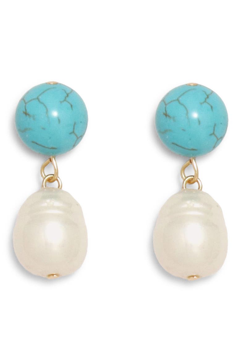 Sea Quartz & Faux Pearl Drop Earrings, Main, color, TURQUOISE