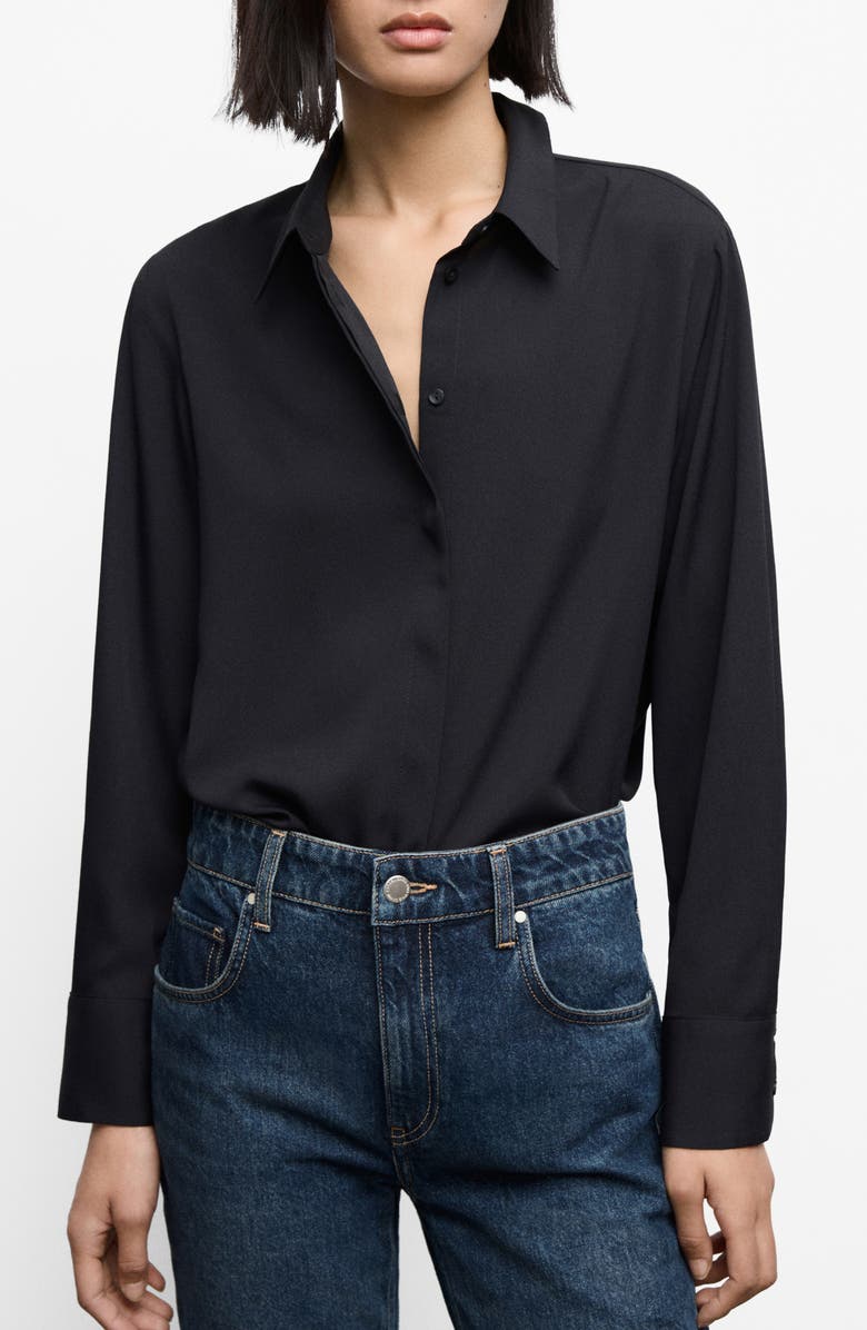 MANGO Print Button-Up Shirt, Main, color, Black