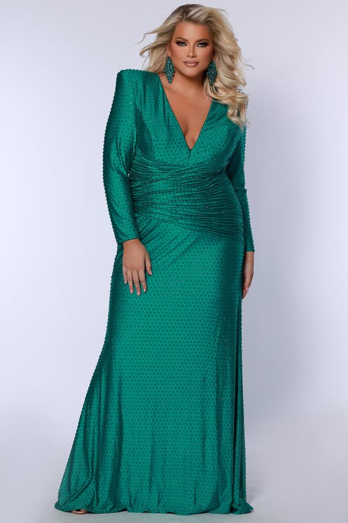 Johnathan Kayne for Sydney's Closet Ruched Long Sleeve V-Neck Plus Size Evening Gown in Emerald  product