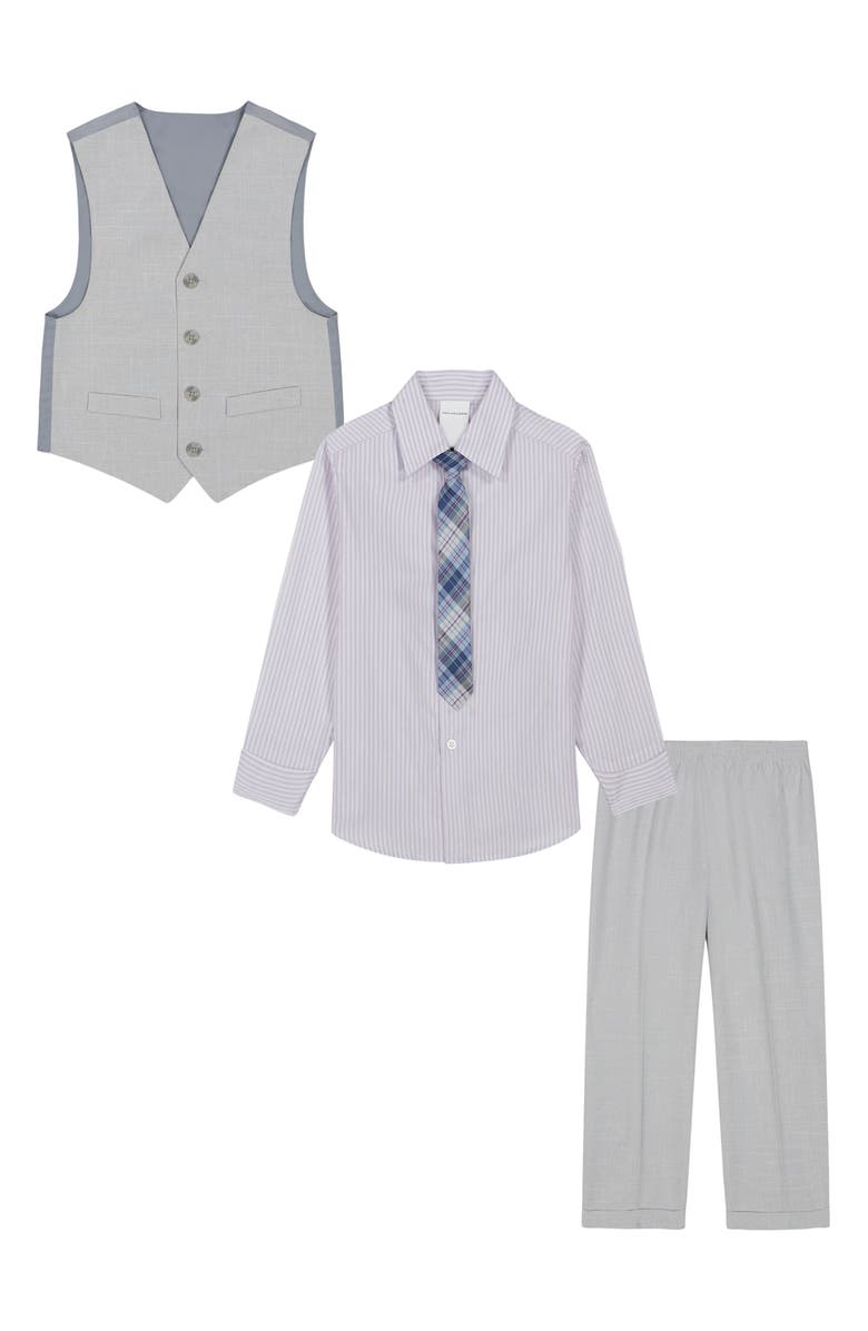 VAN HEUSEN Kids' Stripe Button-Up Shirt, Slub Tick Vest, Tie & Pants Set, Alternate, color,
