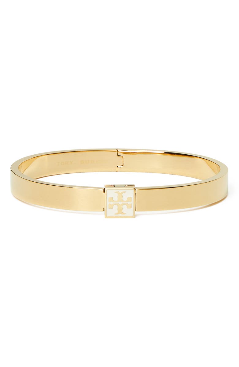 Tory Burch Logo Hinge Bracelet, Main, color, Tory Gold / New Ivory