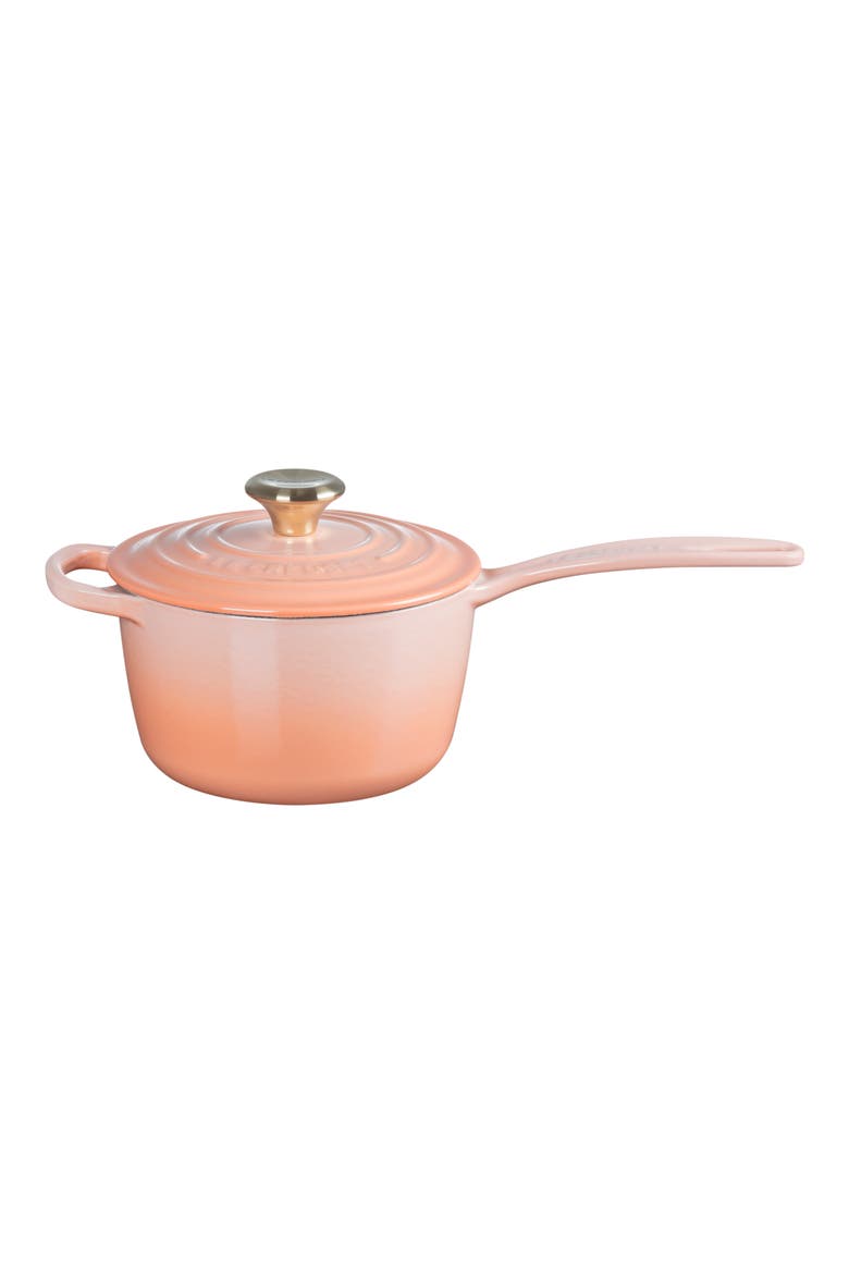 Signature 1.75-Quart Enameled Cast Iron Saucepan, Main, color, PECHE