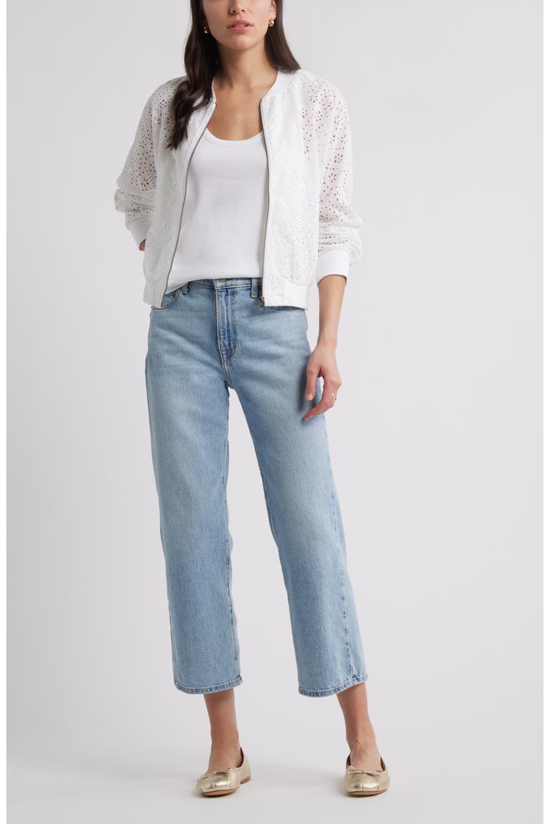 Embroidered Eyelet Cotton Zip-Up Bomber Jacket, Alternate, color, WHITE