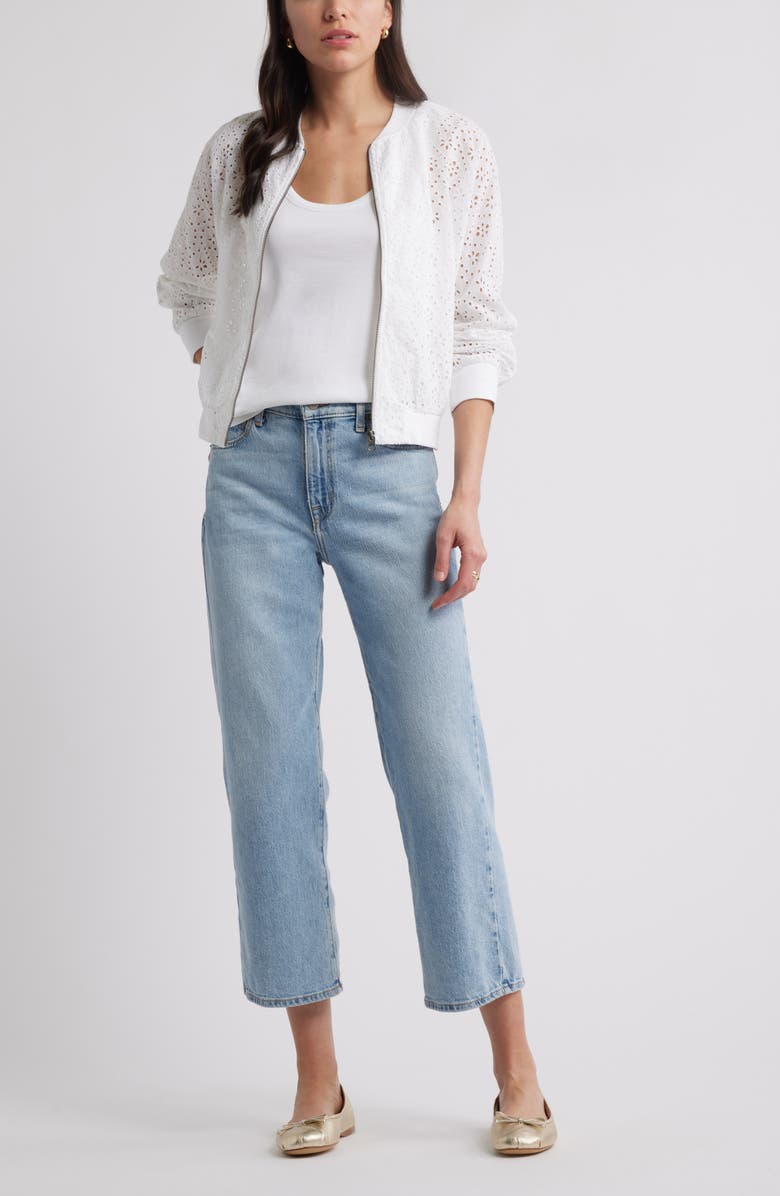 Caslon<sup>®</sup> Embroidered Eyelet Cotton Zip-Up Bomber Jacket, Alternate, color, White