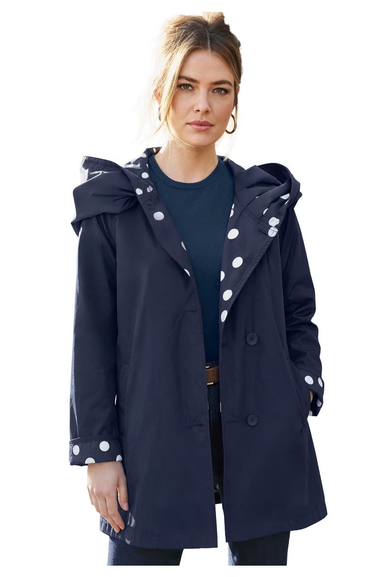 Reversible A-Line Raincoat, Main, color, NAVY WHITE DOT