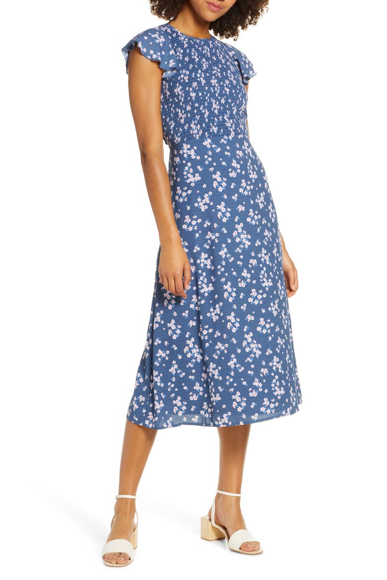 Casa Del Mar Smocked Floral Midi Dress, Main, color, CHAMBRAY DITZY FLORAL
