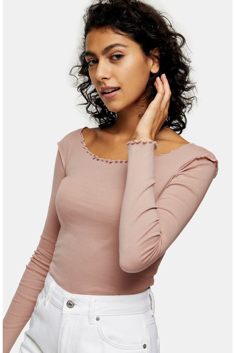 Lettuce Edge Long Sleeve Cotton Top, Alternate, color, BEIGE