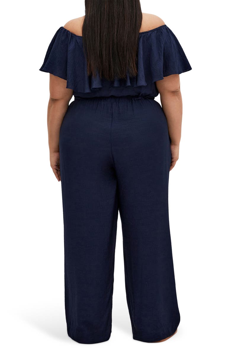 City Chic Serene Ruffle Off the Shoulder Jumpsuit, Alternate, color, Navy