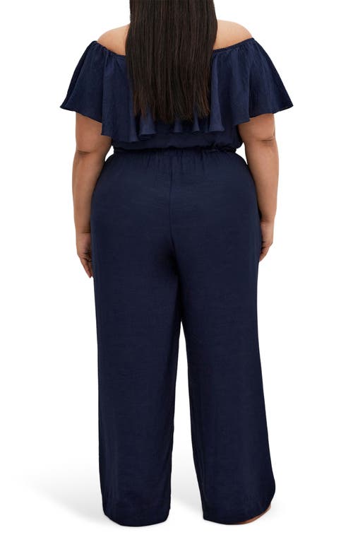 City Chic Serene Ruffle Off The Shoulder Jumpsuit In Blue