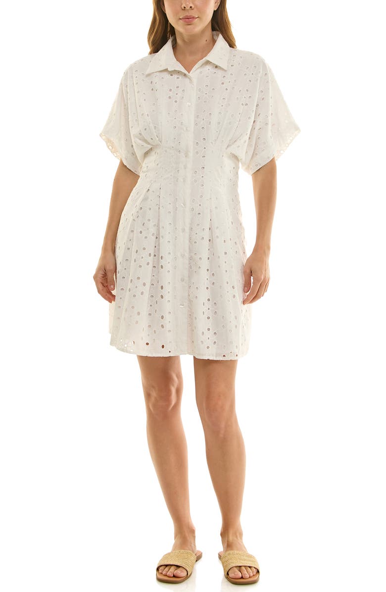 Nicole Miller Cotton Broderie Anglaise Mini Shirtdress, Main, color, Brilliant White