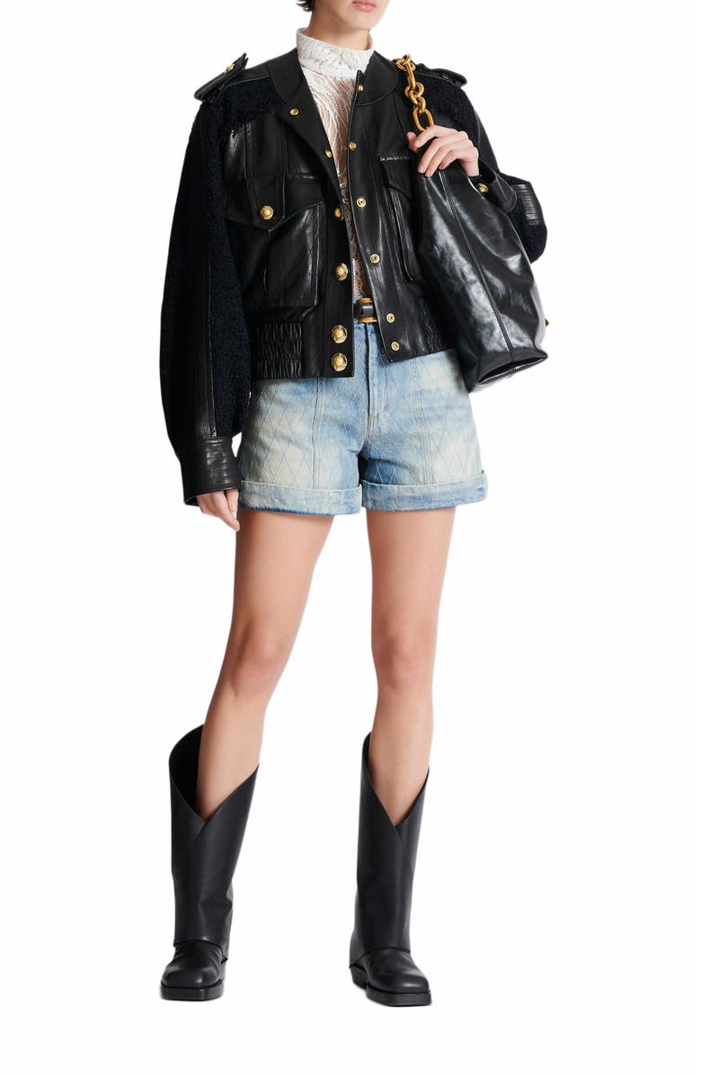 Balmain Tweed And Leather Bomber Jacket, Alternate, color, Black