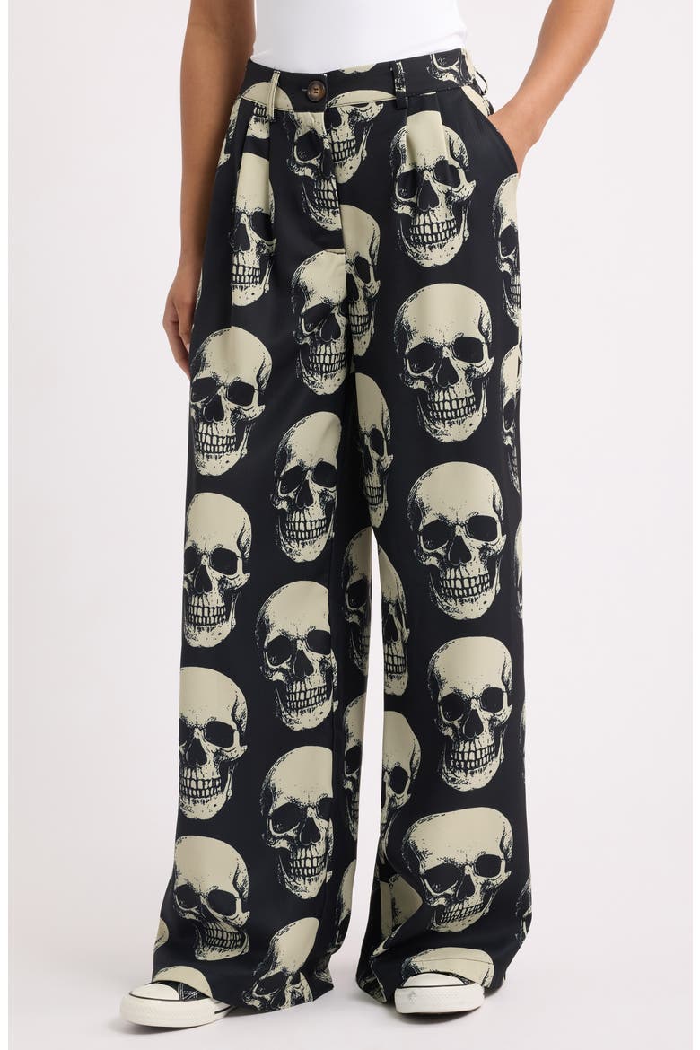 Never Taking These Off Skull Print Wide Leg Trousers, Main, color, BLACK SKULLS
