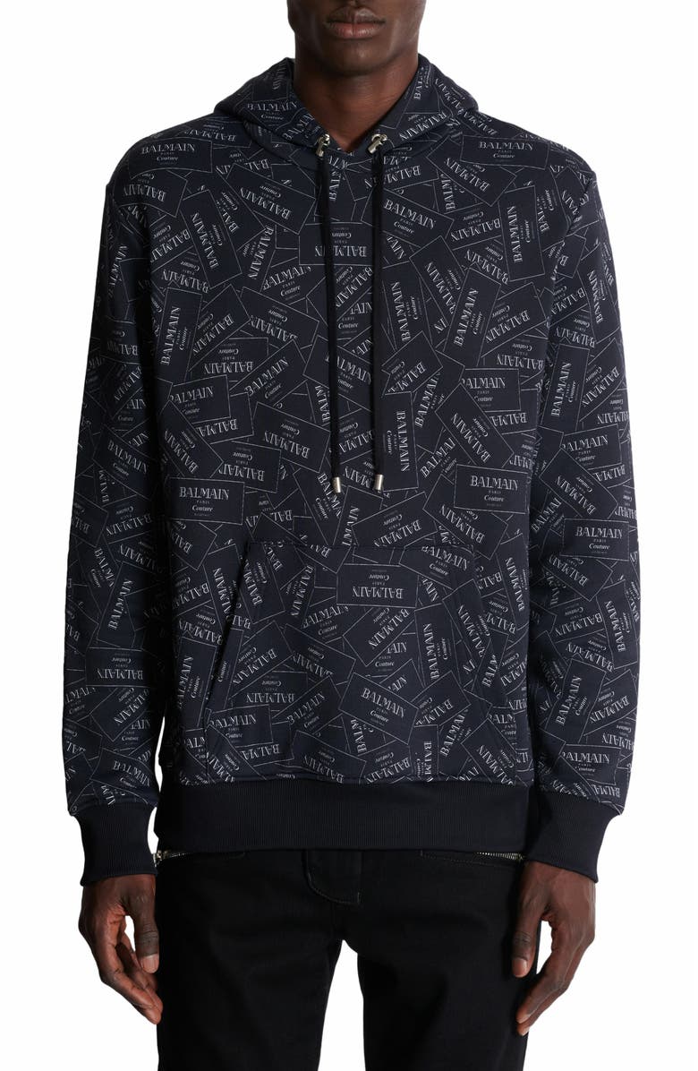 Balmain Hoodie With All-Over Balmain Label Print, Alternate, color, Black