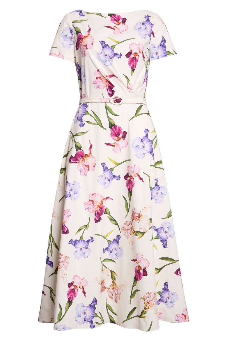 Iris Flower Cotton Stretch Poplin Midi Dress, Alternate, color, IVORY MULTI