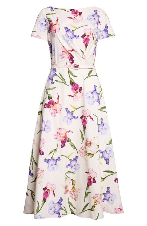Iris Flower Cotton Stretch Poplin Midi Dress