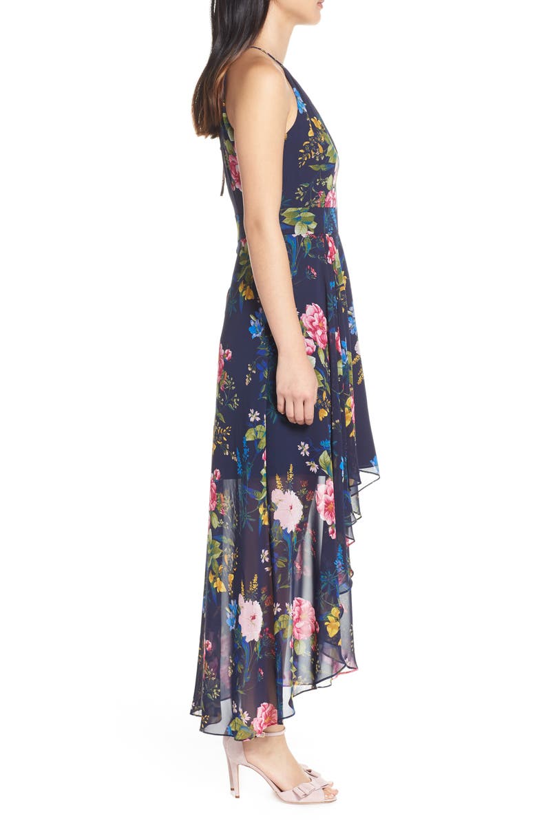 Eliza J Floral Print Chiffon High/Low Halter Midi Dress, Alternate, color, 