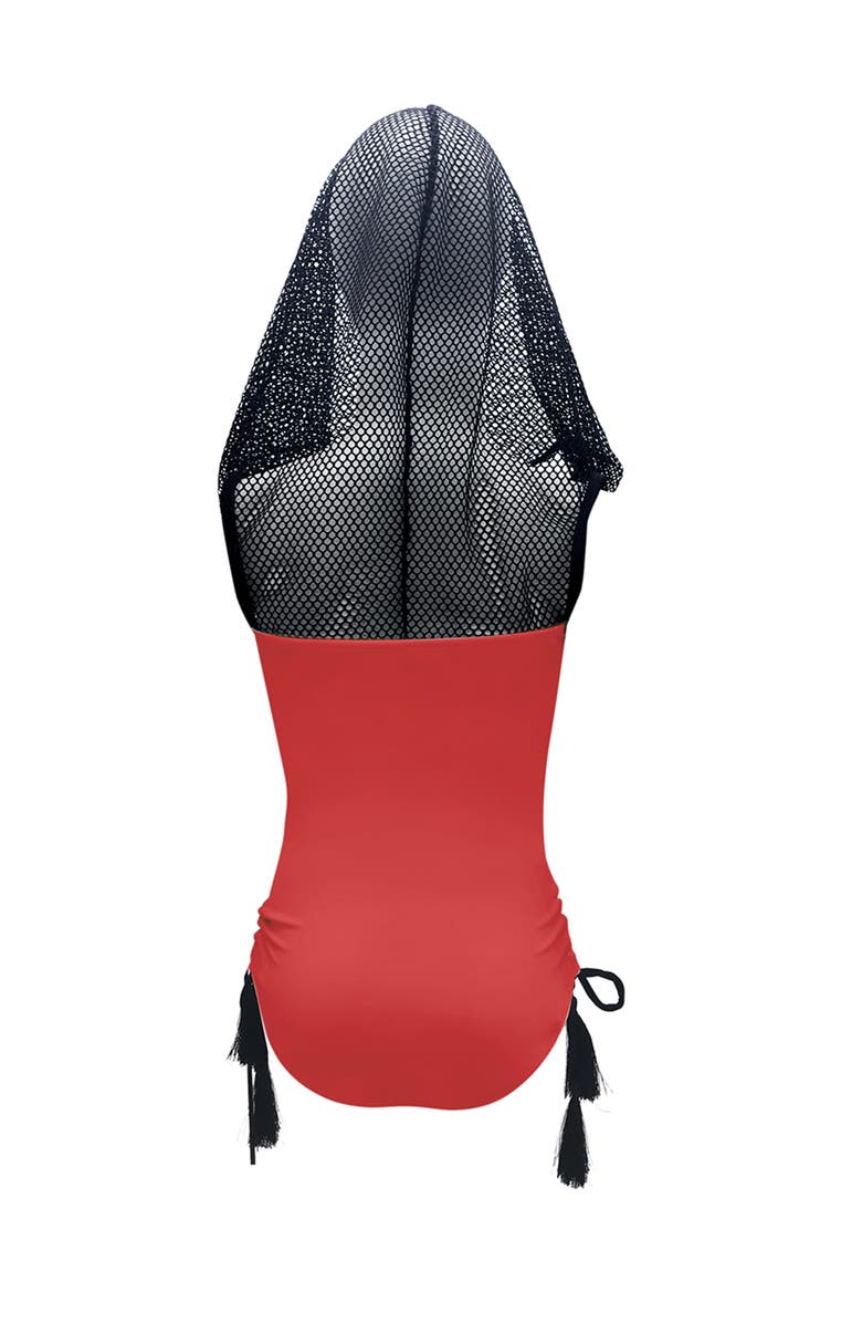 NESSI BYRD Sport Mesh Hooded with Tassel Side-Ties One-Piece Swimsuit,, Alternate, color, Red