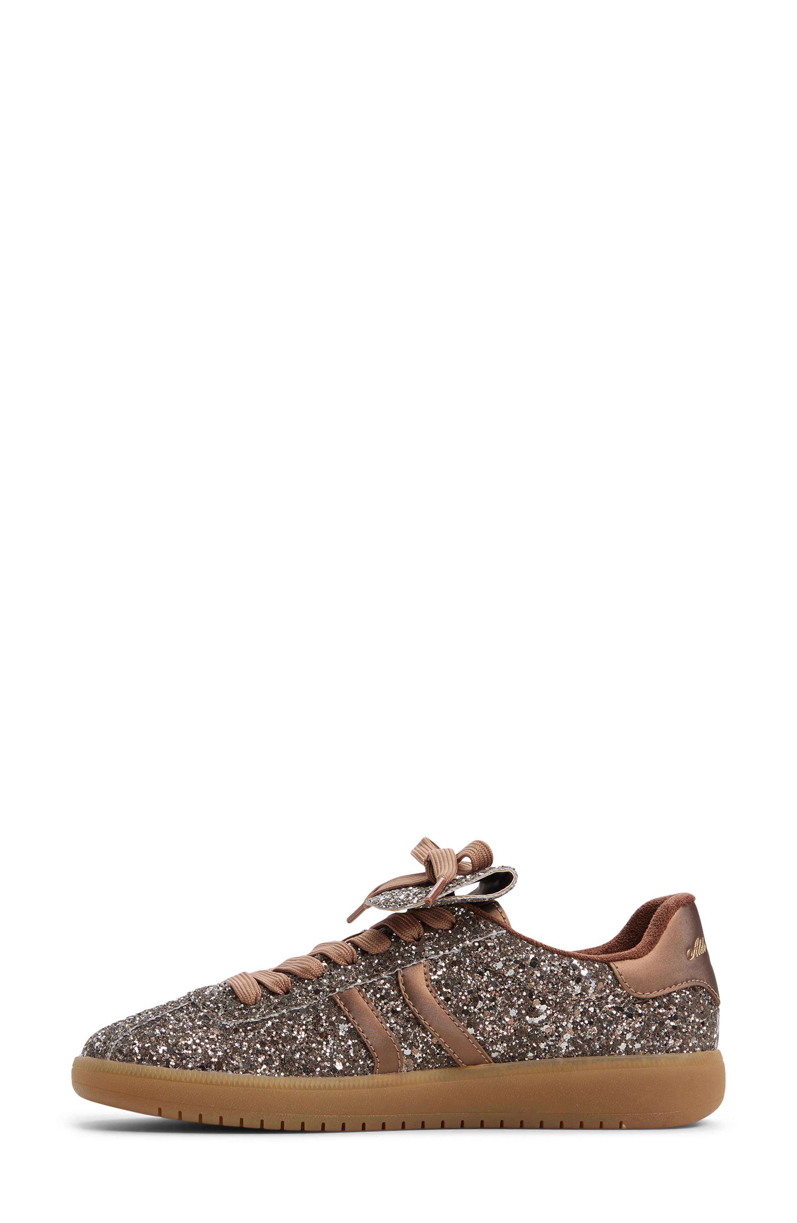 ALDO Itsneaker Glitter Sneaker with Removable Kiltie Flap, Alternate, color, Bronze