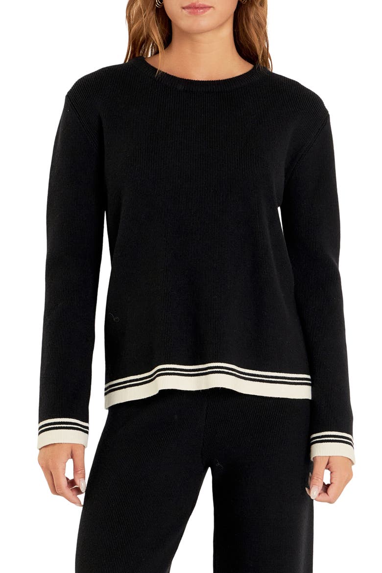 Contrast Stripe Crewneck Sweater, Main, color, BLACK/ IVORY