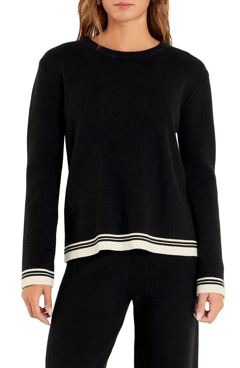 English Factory Contrast Stripe Crewneck Sweater, Main, color, Black/ Ivory