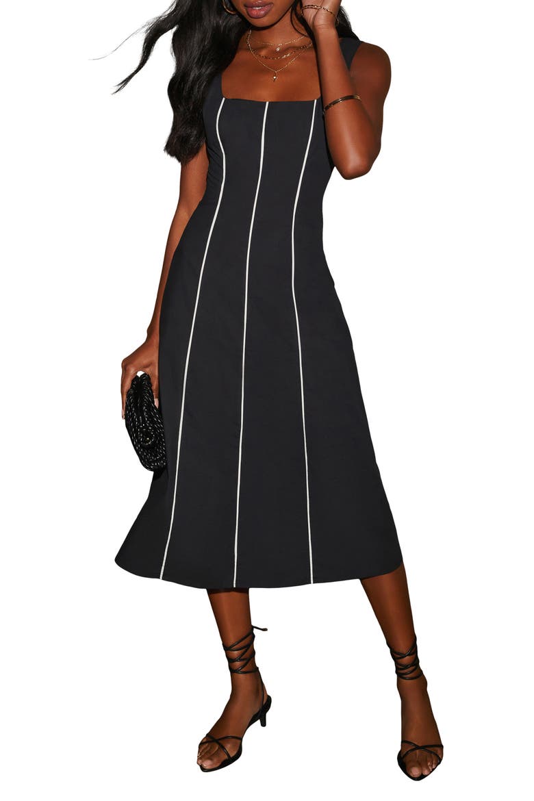Solange Contrast Piping Cotton Midi Dress, Main, color, BLACK/ WHITE