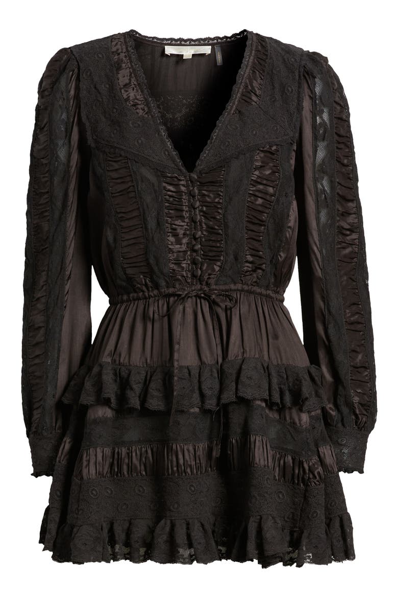 Kal Lace Trim Long Sleeve Minidress, Alternate, color, BLACK