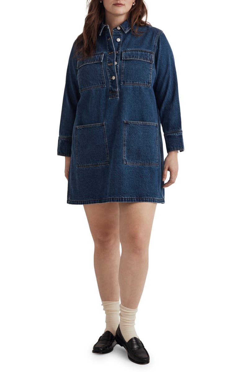 Madewell Denim Popover Mini Shirtdress, Main, color, Sennett Wash