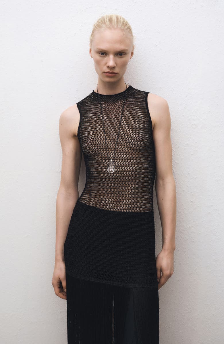 MANGO Fringe Sleeveless Mesh Maxi Dress, Alternate, color, Black