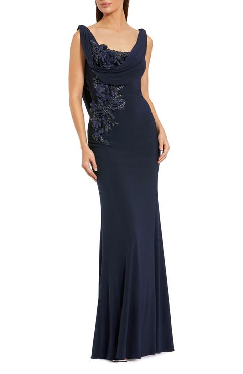 Women's Sleeveless Jersey Cowl Neck Gown With Beading