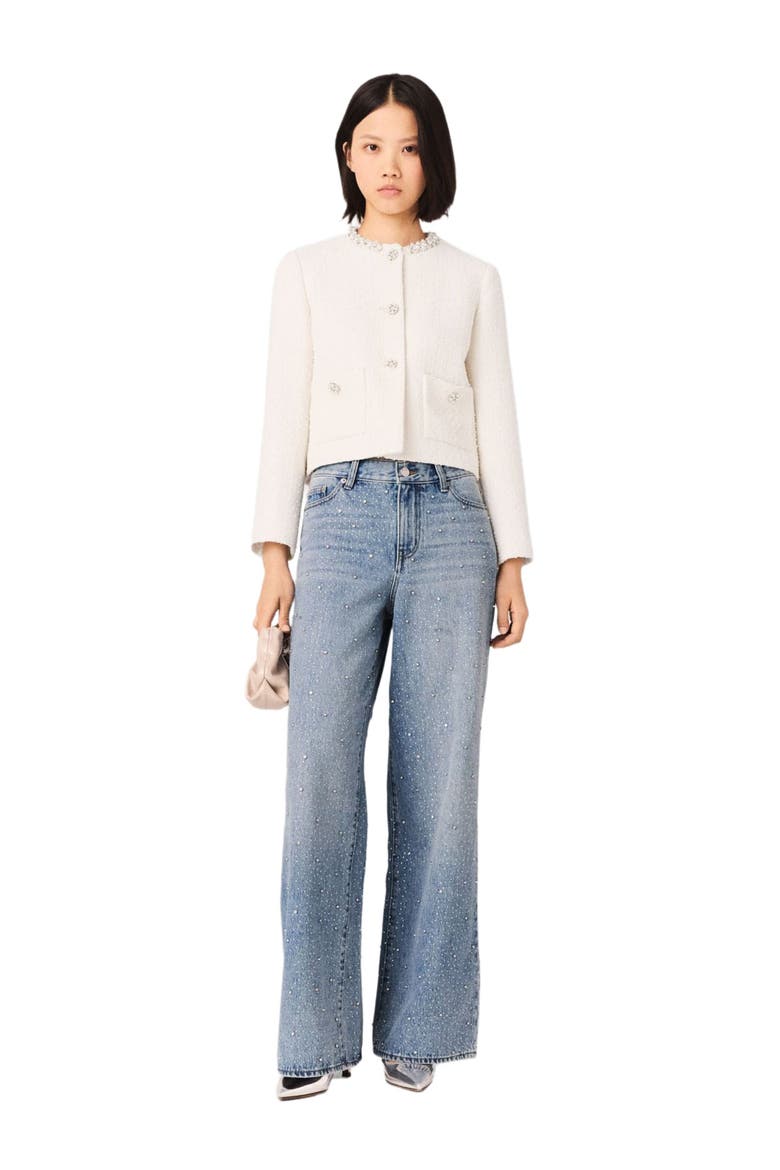 Pearl-trimmed tweed jacket, Main, color, Ecru