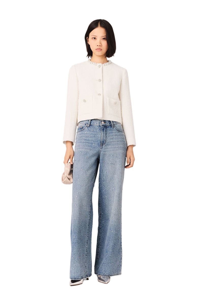 maje Pearl-trimmed tweed jacket, Main, color, Ecru