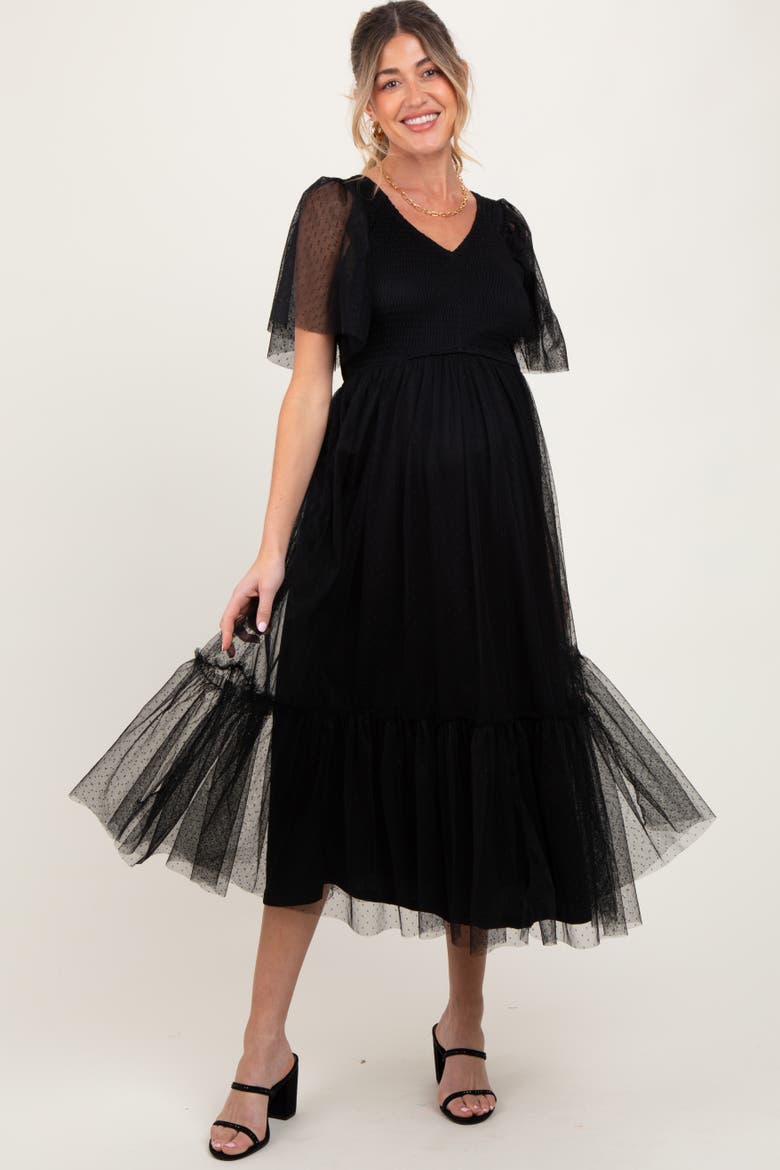 Dotted Tulle Smocked Maternity Midi Dress, Alternate, color, Black