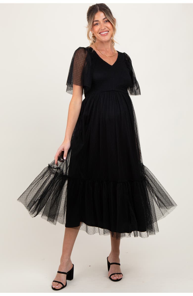 PinkBlush Dotted Tulle Smocked Maternity Midi Dress, Alternate, color, Black