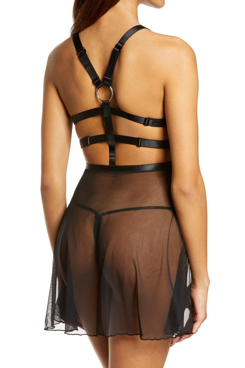 Caged Back Mesh Babydoll Chemise & G-String Thong, Alternate, color, BLACK