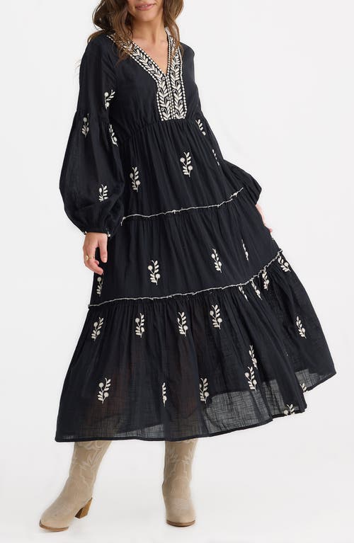 Talisman The Label Vadella Embroidered Long Sleeve Midi Dress In Black