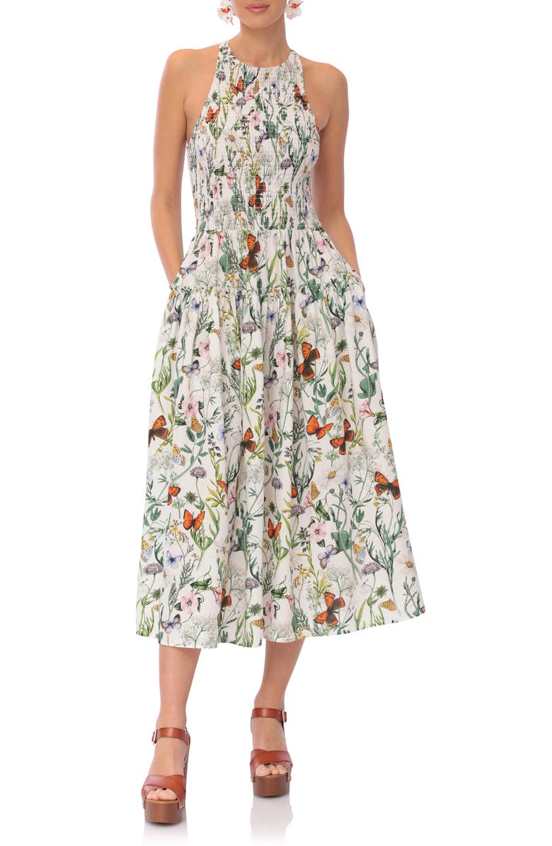 Avec Les Filles Floral Smocked Bodice Linen Blend Midi Dress, Main, color,