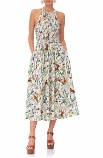 Avec Les Filles Floral Smocked Bodice Linen Blend Midi Dress