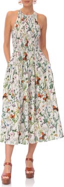 Avec Les Filles Floral Smocked Bodice Linen Blend Midi Dress