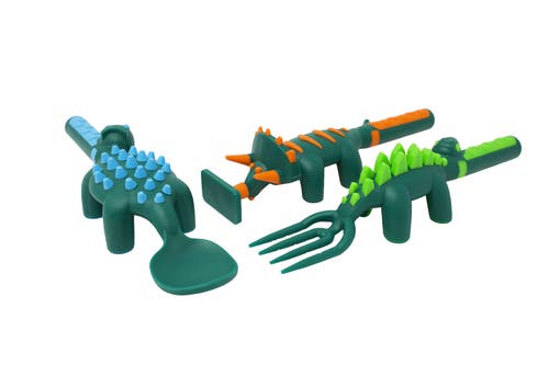 Constructive Eating Set Of 3 Dino Eating Utensils For Kids And Toddlers In Green