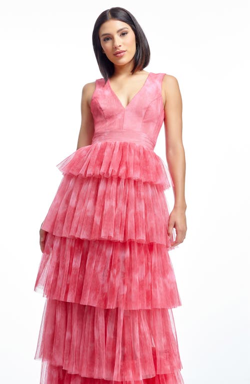 Dress The Population Radhika Tiered Plissé Tulle Gown In Raspberry Multi